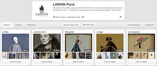 Tableros creados por Lanvin en su perfil de Pinterest.