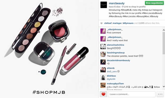 Imagen compartida en Instagram donde aparece el hashtag #shopmjb y se explica el mAi??todo para comprar usando Instagram.