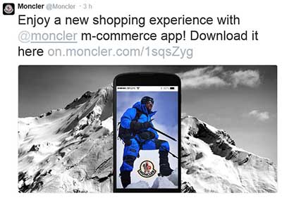 Tweet de Moncler promocionando la nueva plataforma de compras online.